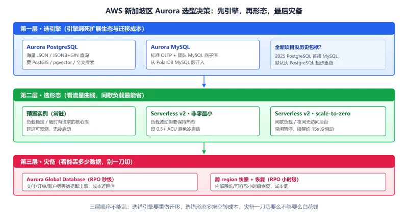 AWS 新加坡区 Aurora 三层选型决策:第一层选引擎 MySQL/PostgreSQL、第二层选形态预置实例/Serverless v2/scale-to-zero、第三层选灾备 Global Database/跨 region 快照